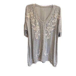 Karyn Seo Gray Floral Embroidered Short Sleeve Tunic Shirt Boho Western Size XL